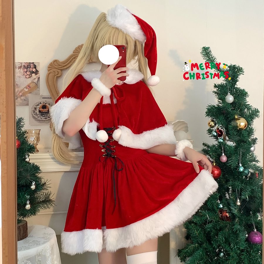 Sweet and Cute Red Christmas Dress Lolita Two-piece Suit Plush Dress Cape Christmas Hat