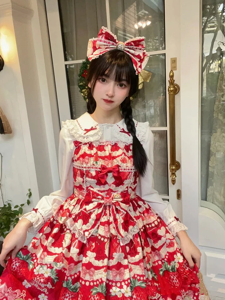 Sweet Lolita Christmas Red Black Lolita Long-sleeved Inner Velvet Cute Shirt Blouse JSK Autumn and Winter Red and Black