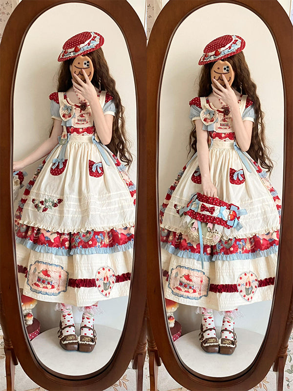Sweet Lolita Dress Strawberry Idyllic Girly Set Ancient Princess Skirt Daily Dress