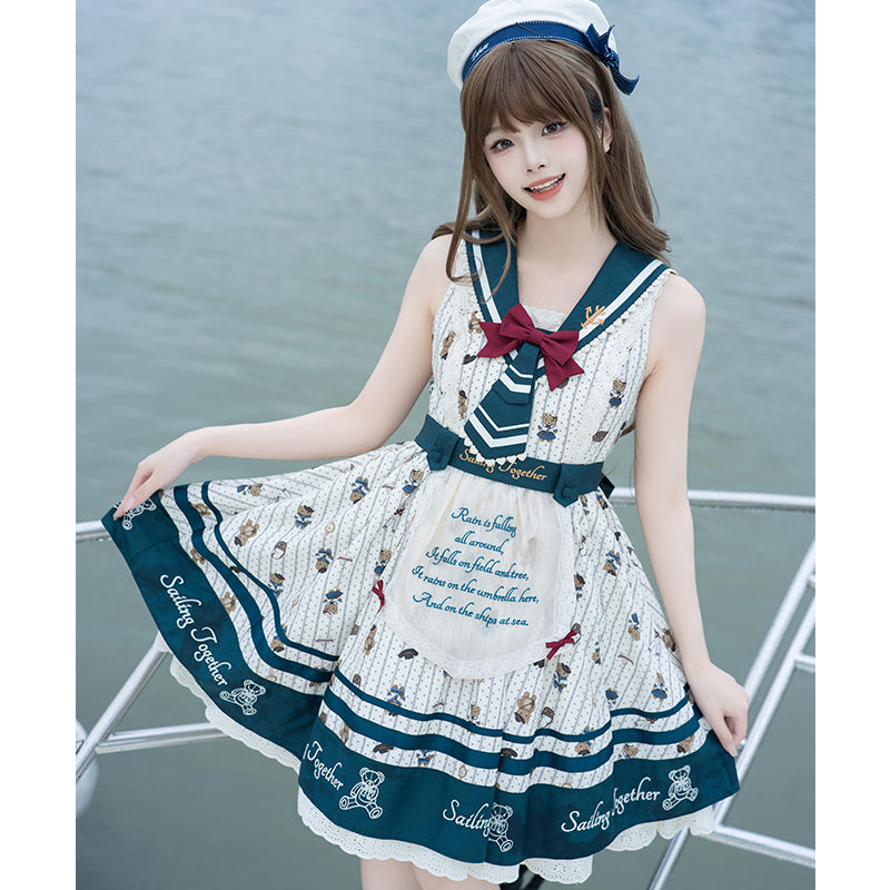 Sweet Lolita Navy Blue And White New Lolita Princess Teddy Bear Dress Original Dress With Bow