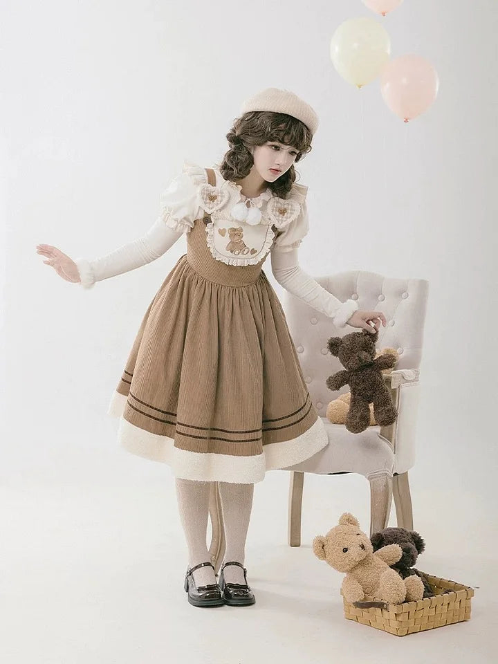 Sweetheart Bear Corduroy Embroider Lolita Winter Dress JSK Brown Slip Dress for Gilrs