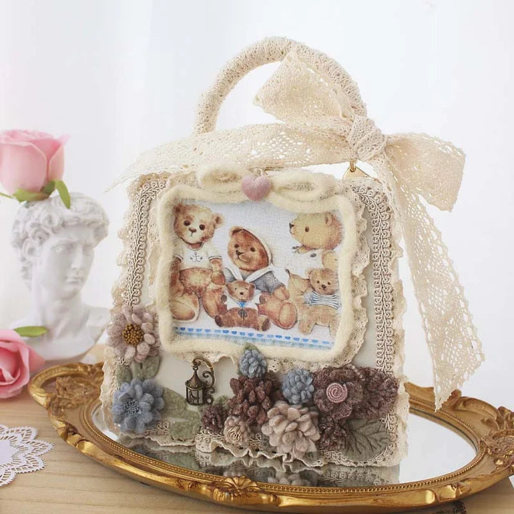 Lolita Bag Sweetheart Bear Print Flower Winter Plush Tea Party Frame Lace
