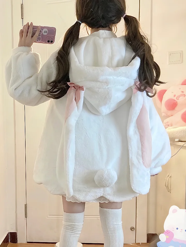 Sweetheart White Lolita Brushed Coat for Women Bunny's Ears Hooded Coat