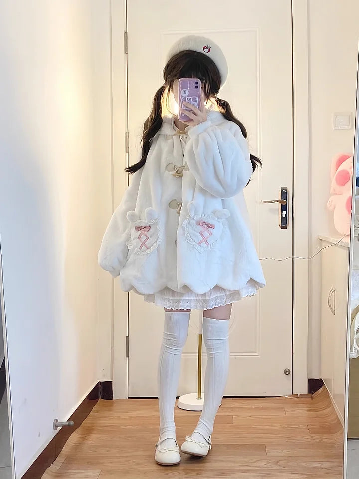 Sweetheart White Lolita Brushed Coat for Women Bunny's Ears Hooded Coat