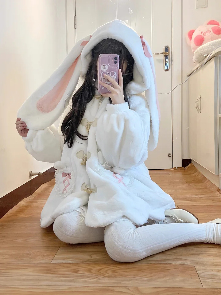 Sweetheart White Lolita Brushed Coat for Women Bunny's Ears Hooded Coat