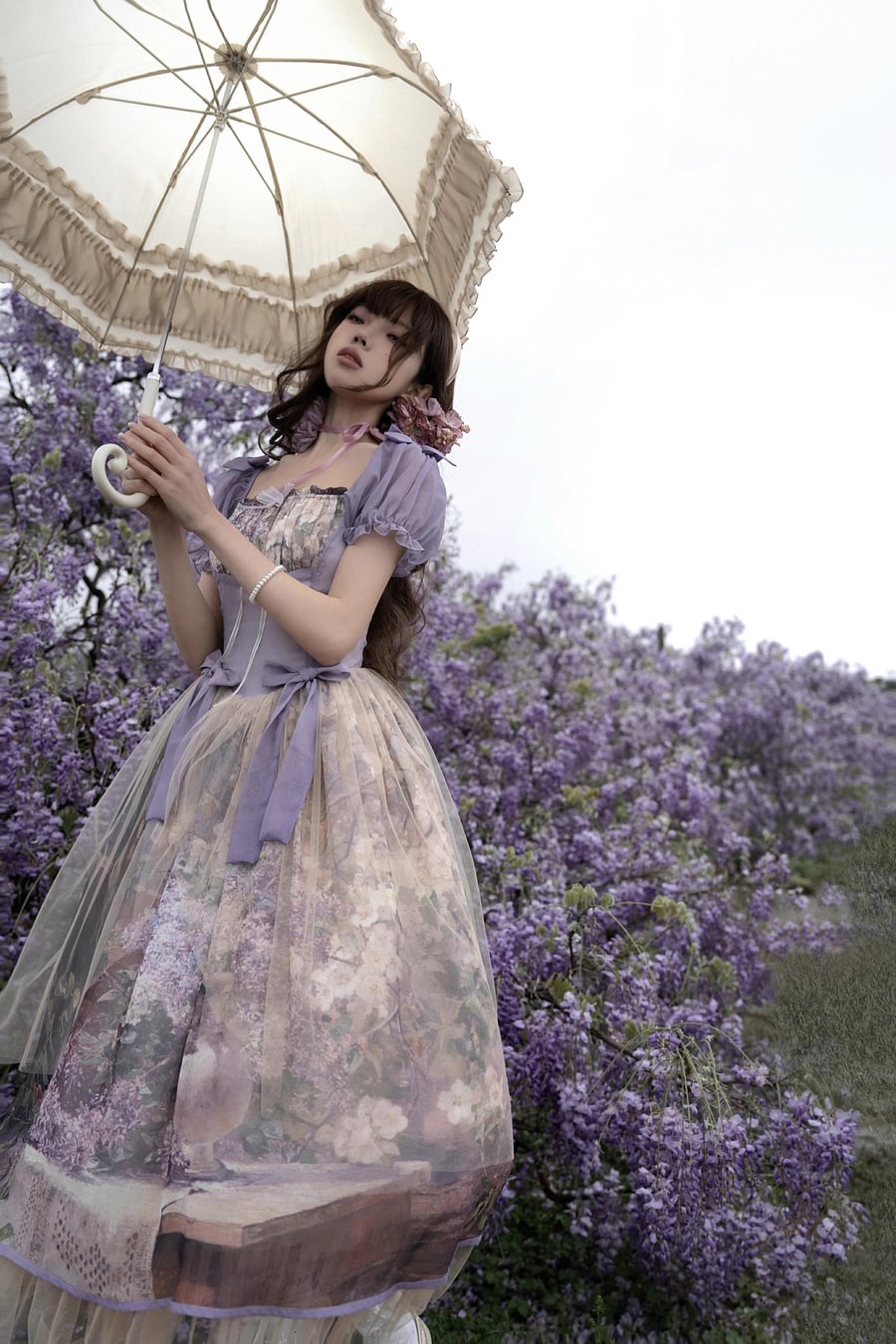 Hime Lolita Tea Party Fashion Purple Flower Short Sleeve Lace Printed Long Dress Voyage