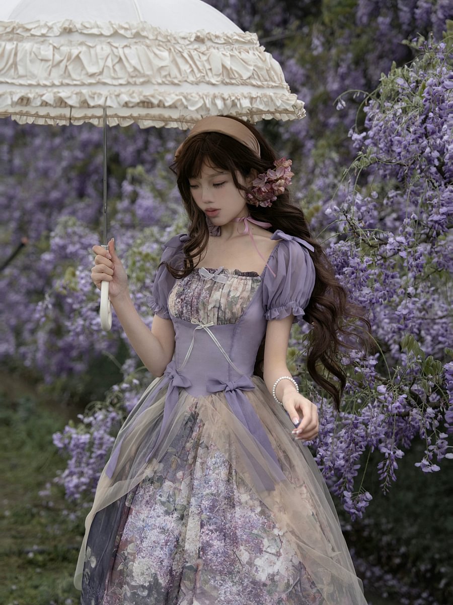 Hime Lolita Tea Party Fashion Purple Flower Short Sleeve Lace Printed Long Dress Voyage