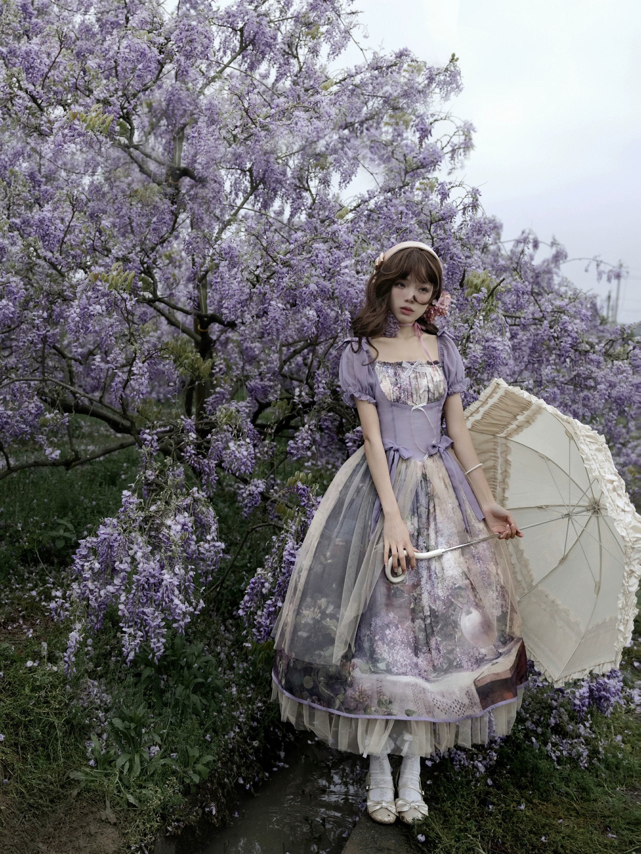 Hime Lolita Tea Party Fashion Purple Flower Short Sleeve Lace Printed Long Dress Voyage