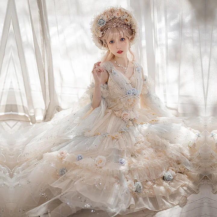 Tea Party Fashion Gorgeous Flower Marriage Girl Lolita Blue Dress Lo Skirt Jsk Long Elegant Court Style