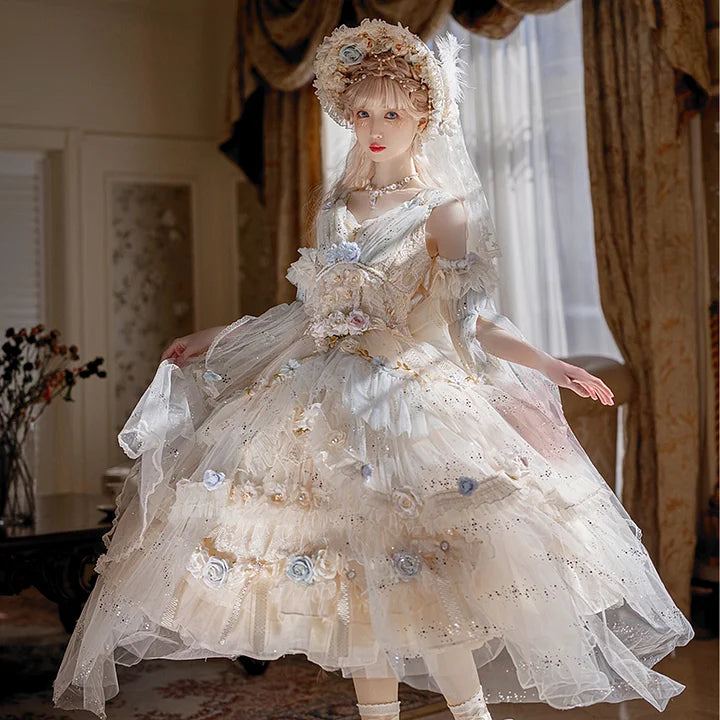 Tea Party Fashion Gorgeous Flower Marriage Girl Lolita Blue Dress Lo Skirt Jsk Long Elegant Court Style