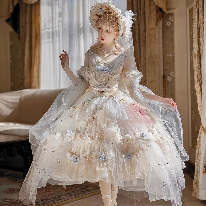 Tea Party Fashion Gorgeous Flower Marriage Girl Lolita Blue Dress Lo Skirt Jsk Long Elegant Court Style