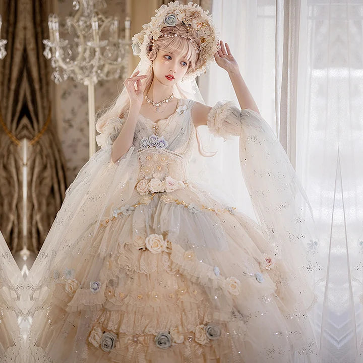 Tea Party Fashion Gorgeous Flower Marriage Girl Lolita Blue Dress Lo Skirt Jsk Long Elegant Court Style