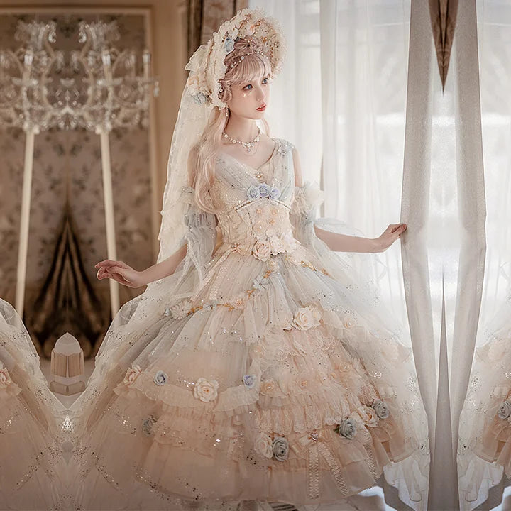 Tea Party Fashion Gorgeous Flower Marriage Girl Lolita Blue Dress Lo Skirt Jsk Long Elegant Court Style