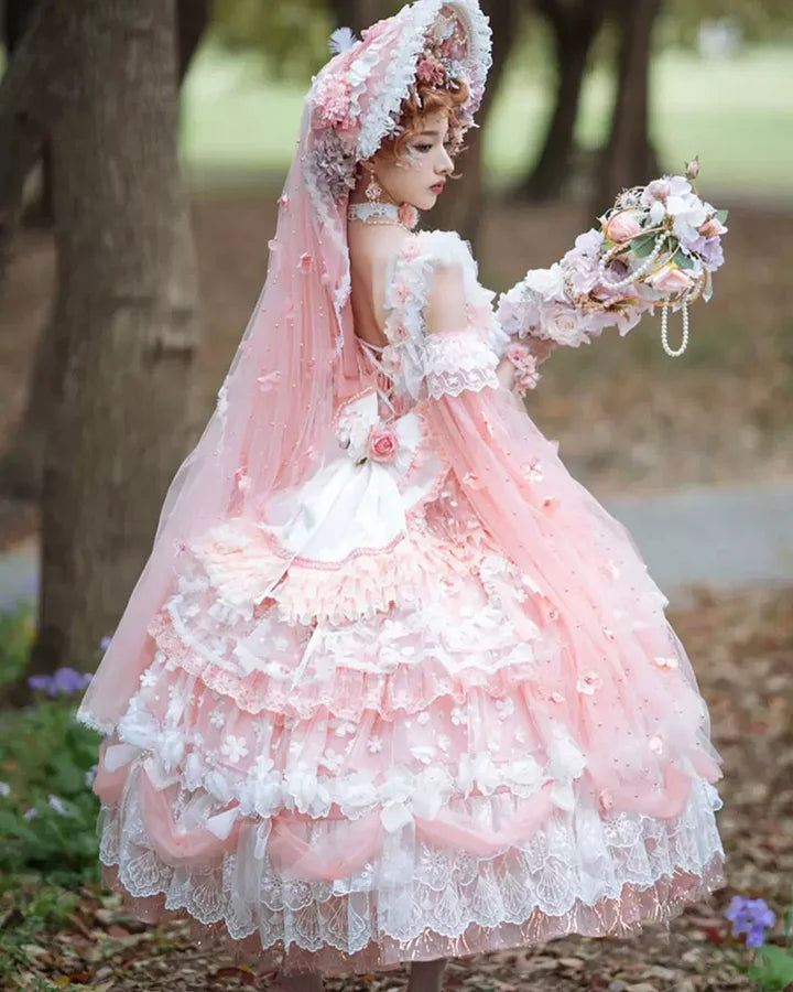 Hime Lolita Tea Party Fashion Elven Fairy Pink Gorgeous Chiffon Dreamy Flower Princess Dress