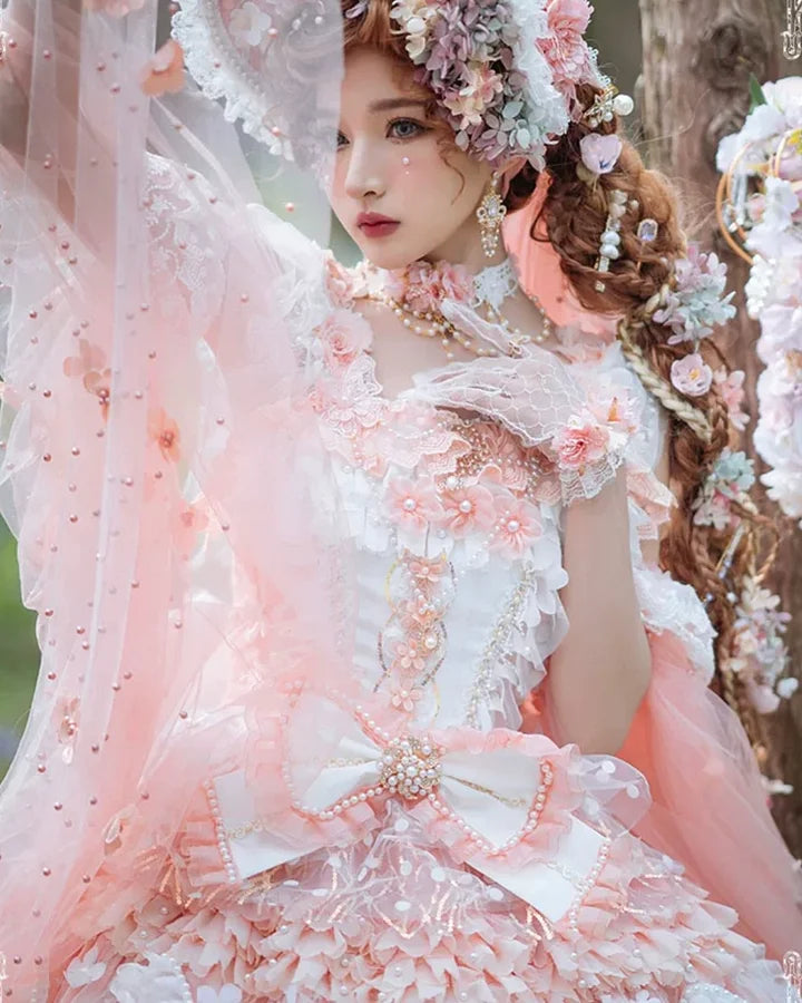 Hime Lolita Tea Party Fashion Elven Fairy Pink Gorgeous Chiffon Dreamy Flower Princess Dress
