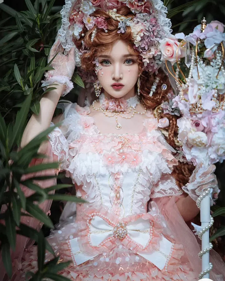 Hime Lolita Tea Party Fashion Elven Fairy Pink Gorgeous Chiffon Dreamy Flower Princess Dress