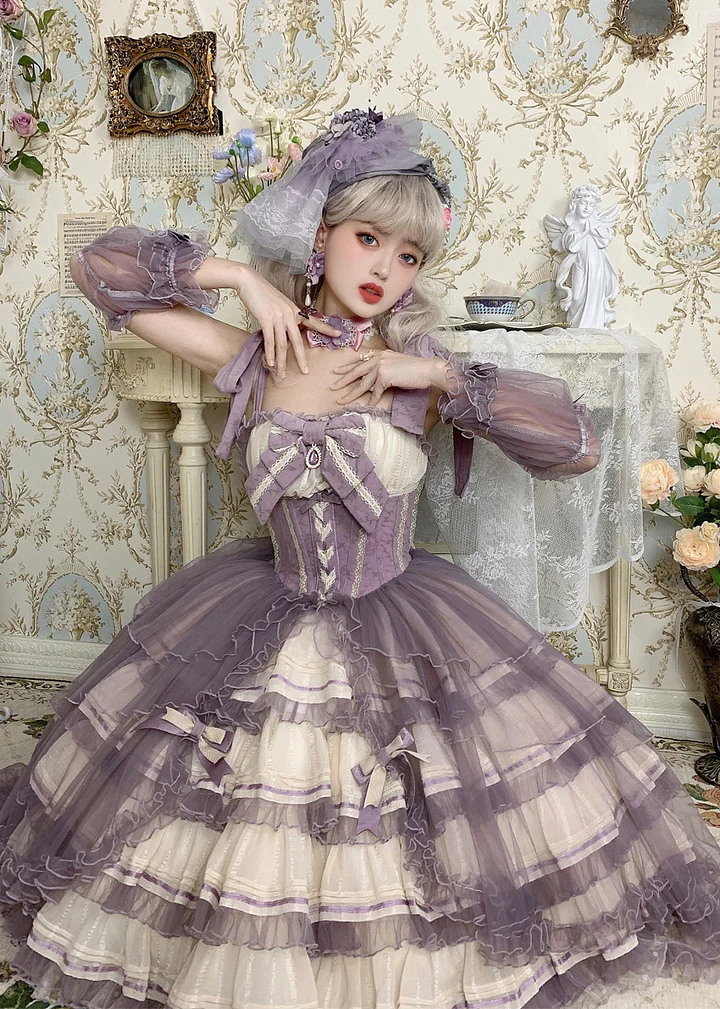 Tea Party Fashion Hime Lolita Grape Purple Elegant Gorgeous Multi-layer Organza Ruffle Edge JSK Dress Lolita Retro Princess Dress