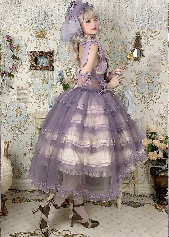 Tea Party Fashion Hime Lolita Grape Purple Elegant Gorgeous Multi-layer Organza Ruffle Edge JSK Dress Lolita Retro Princess Dress