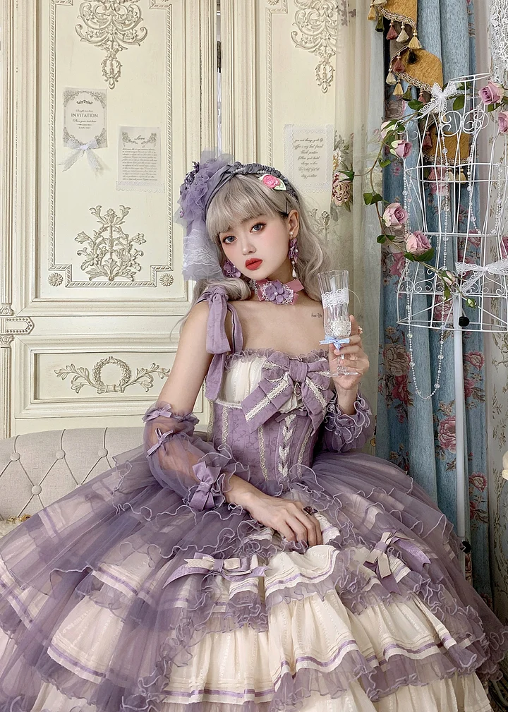 Tea Party Fashion Hime Lolita Grape Purple Elegant Gorgeous Multi-layer Organza Ruffle Edge JSK Dress Lolita Retro Princess Dress