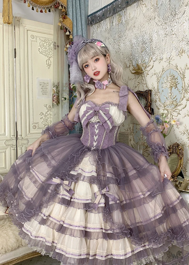 Tea Party Fashion Hime Lolita Grape Purple Elegant Gorgeous Multi-layer Organza Ruffle Edge JSK Dress Lolita Retro Princess Dress