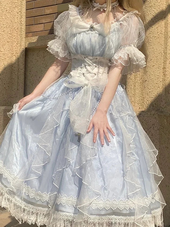 Tea Party Fashion Hime Lolita Light Blue Elegant Organza Lolita Dress Puff Sleeves Princess Sweet Dress OP Fairy