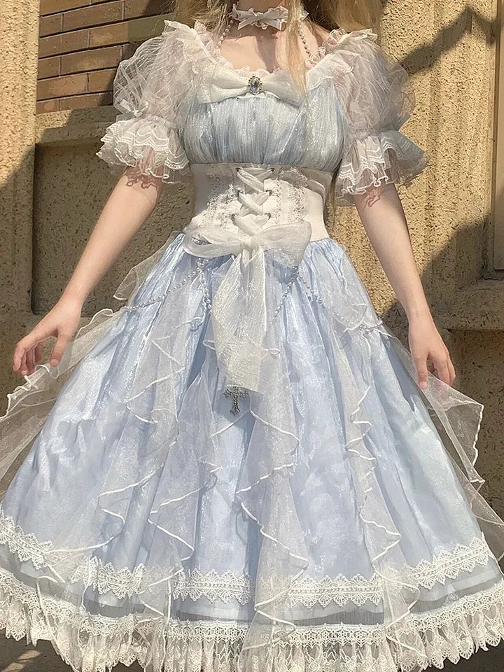 Tea Party Fashion Hime Lolita Light Blue Elegant Organza Lolita Dress Puff Sleeves Princess Sweet Dress OP Fairy