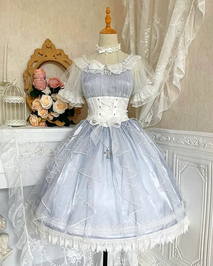 Tea Party Fashion Hime Lolita Light Blue Elegant Organza Lolita Dress Puff Sleeves Princess Sweet Dress OP Fairy