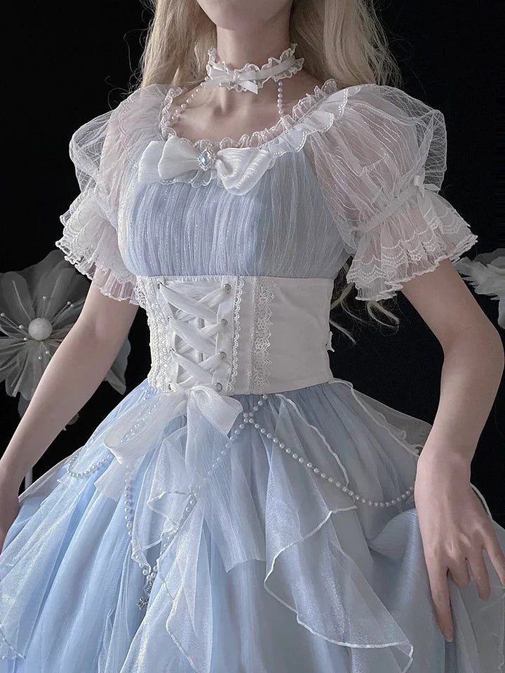 Tea Party Fashion Hime Lolita Light Blue Elegant Organza Lolita Dress Puff Sleeves Princess Sweet Dress OP Fairy