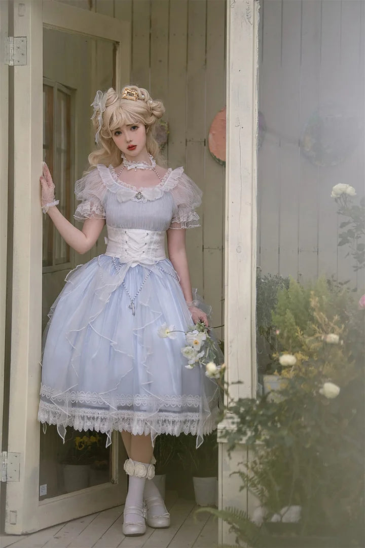Tea Party Fashion Hime Lolita Light Blue Elegant Organza Lolita Dress Puff Sleeves Princess Sweet Dress OP Fairy