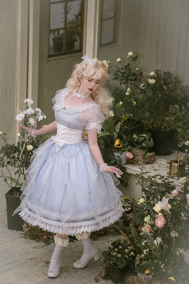 Tea Party Fashion Hime Lolita Light Blue Elegant Organza Lolita Dress Puff Sleeves Princess Sweet Dress OP Fairy
