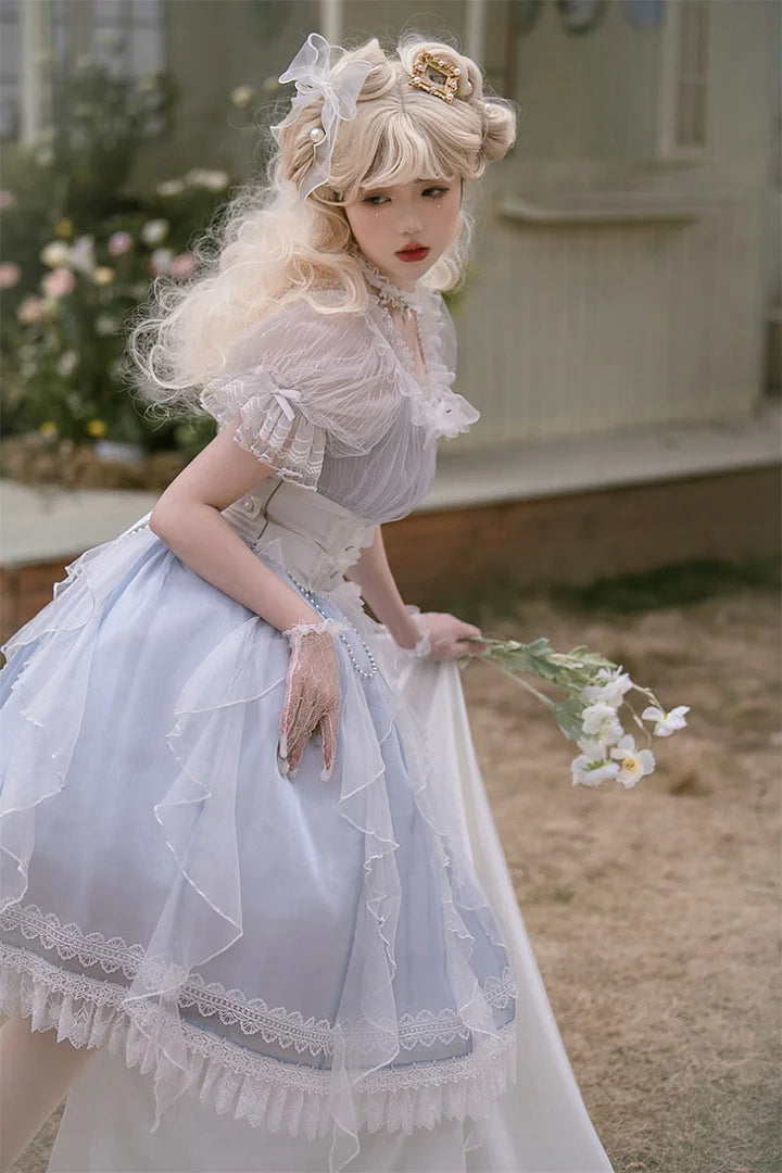 Tea Party Fashion Hime Lolita Light Blue Elegant Organza Lolita Dress Puff Sleeves Princess Sweet Dress OP Fairy