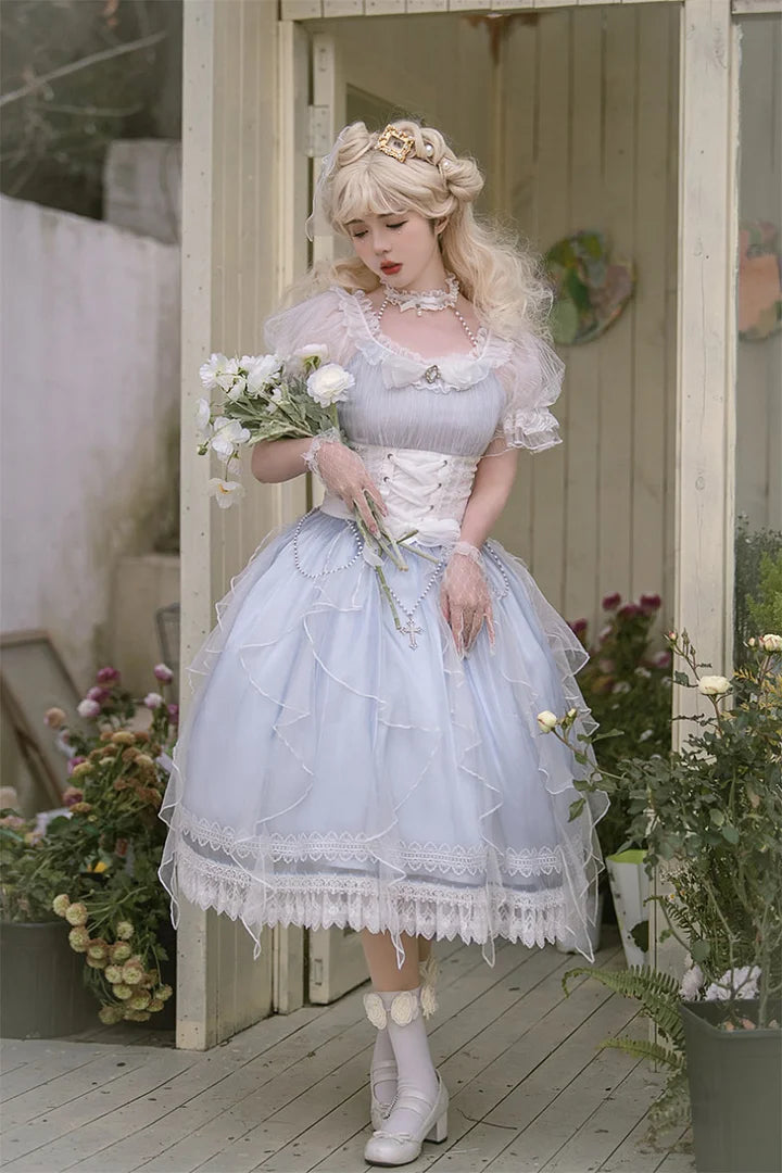 Tea Party Fashion Hime Lolita Light Blue Elegant Organza Lolita Dress Puff Sleeves Princess Sweet Dress OP Fairy
