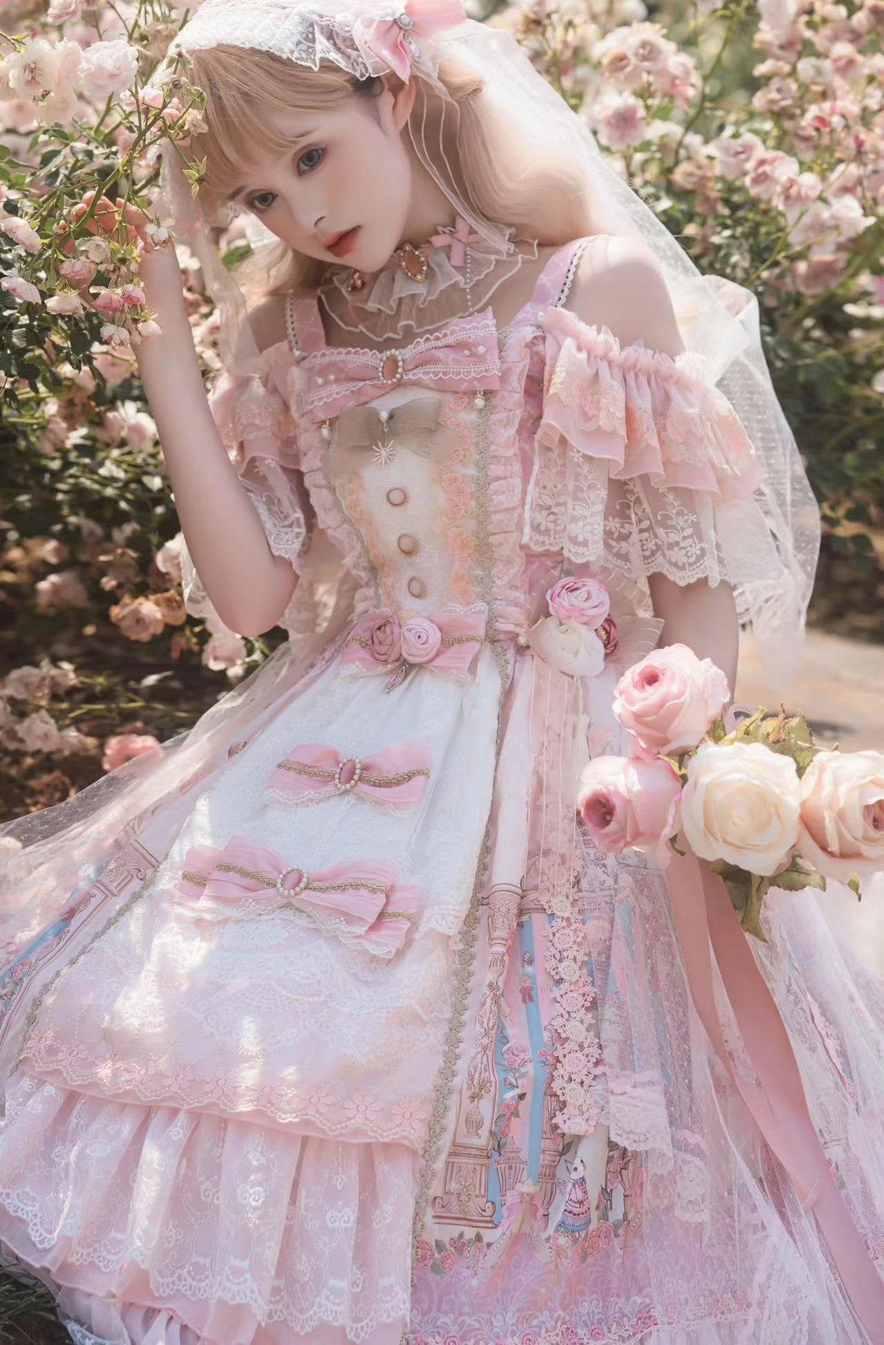Tea Party Fashion Hime Lolita Pink Gorgeous Premium Long Lolita Lace JSK One Piece Dress