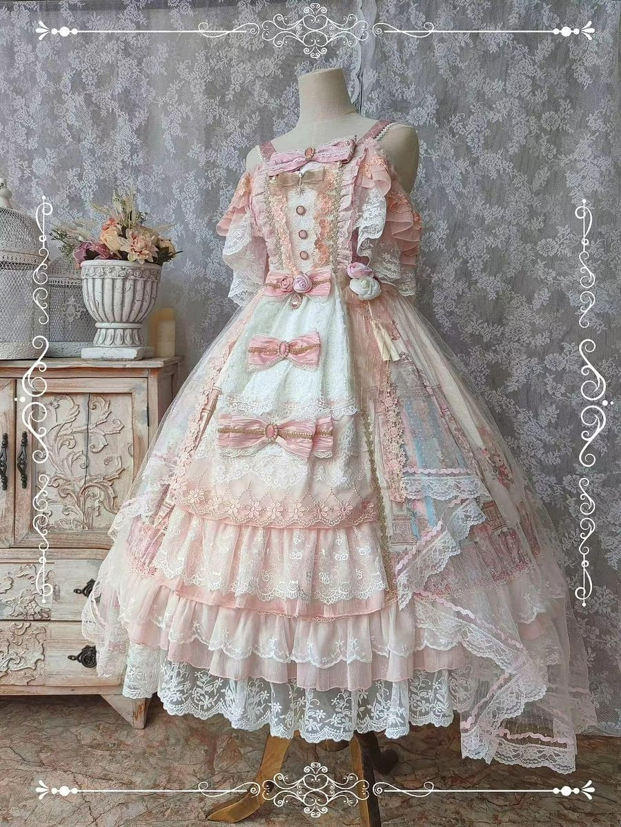 Tea Party Fashion Hime Lolita Pink Gorgeous Premium Long Lolita Lace JSK One Piece Dress