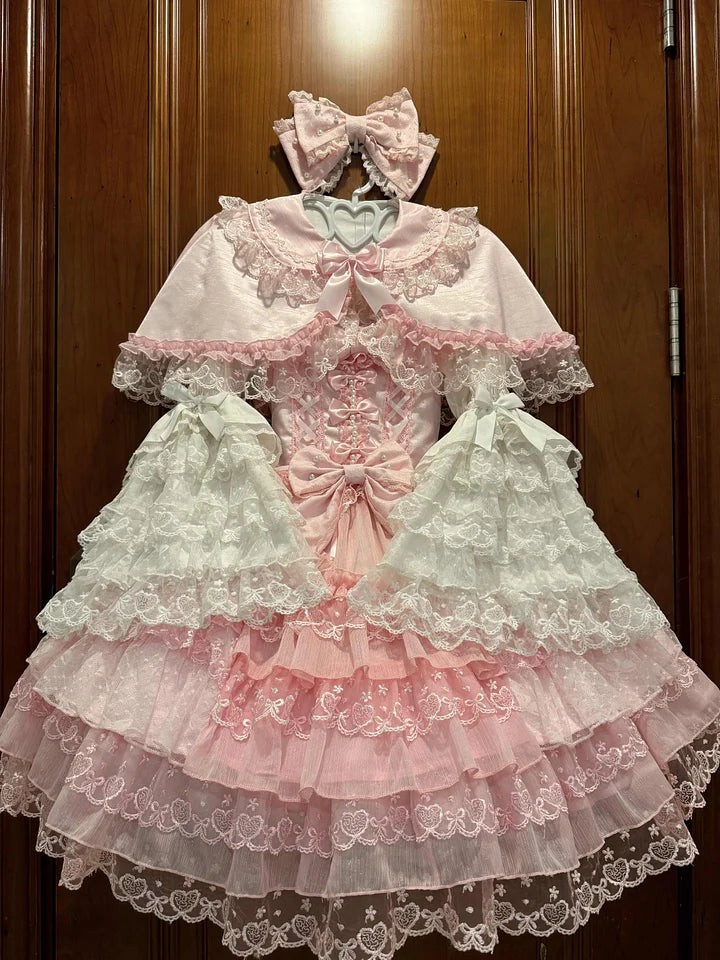Hime Lolita Tea Party Fashion Pink Gorgeous Multilayer Lace Rococo Style Elegant Princess Dress JSK Blouse