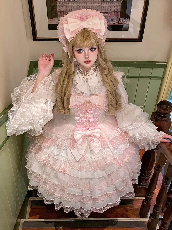 Hime Lolita Tea Party Fashion Pink Gorgeous Multilayer Lace Rococo Style Elegant Princess Dress JSK Blouse