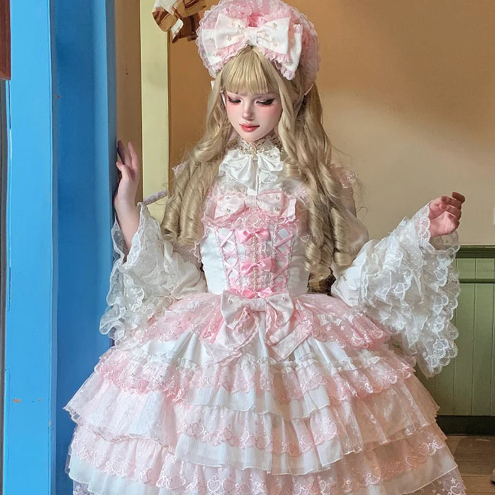 Hime Lolita Tea Party Fashion Pink Gorgeous Multilayer Lace Rococo Style Elegant Princess Dress JSK Blouse