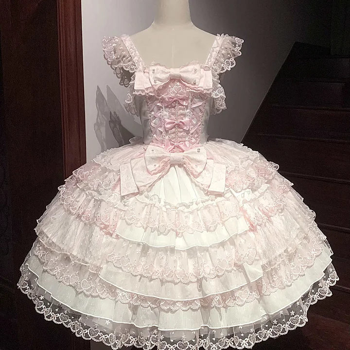 Hime Lolita Tea Party Fashion Pink Gorgeous Multilayer Lace Rococo Style Elegant Princess Dress JSK Blouse