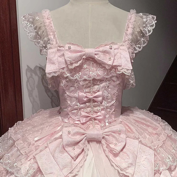 Hime Lolita Tea Party Fashion Pink Gorgeous Multilayer Lace Rococo Style Elegant Princess Dress JSK Blouse