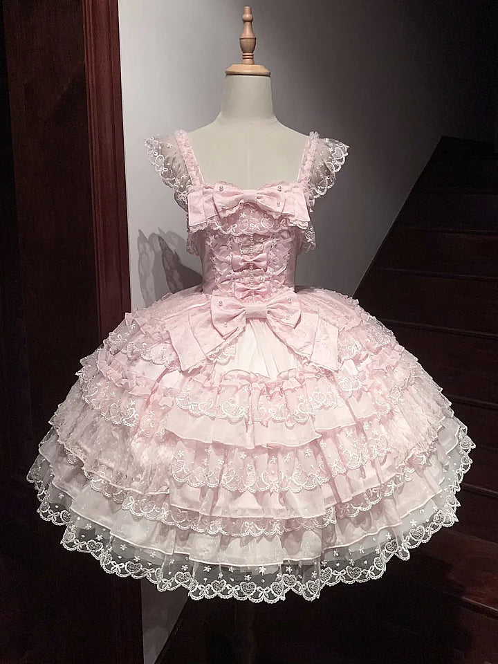 Hime Lolita Tea Party Fashion Pink Gorgeous Multilayer Lace Rococo Style Elegant Princess Dress JSK Blouse