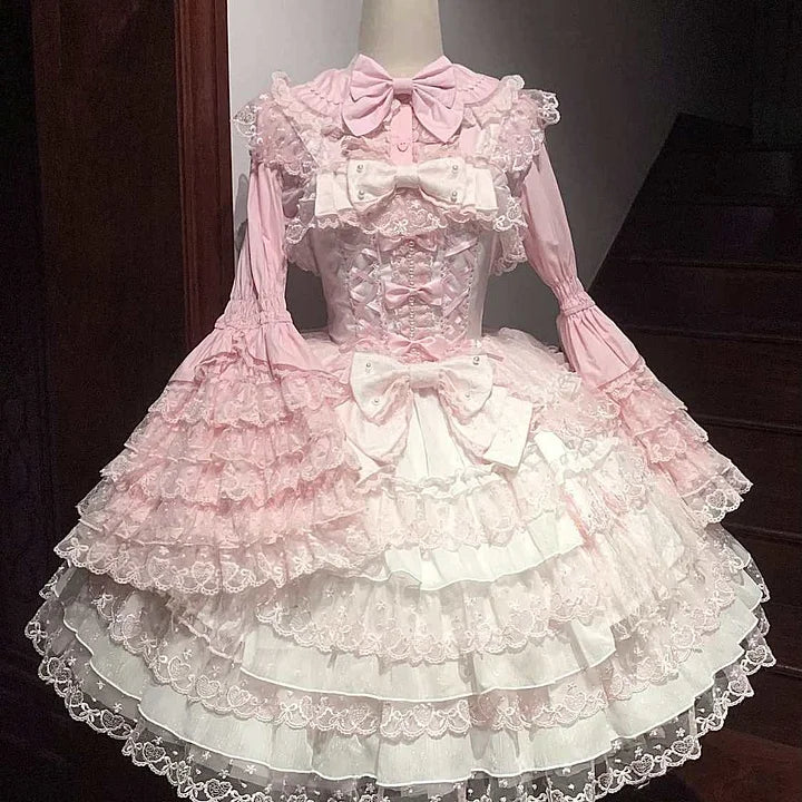 Hime Lolita Tea Party Fashion Pink Gorgeous Multilayer Lace Rococo Style Elegant Princess Dress JSK Blouse