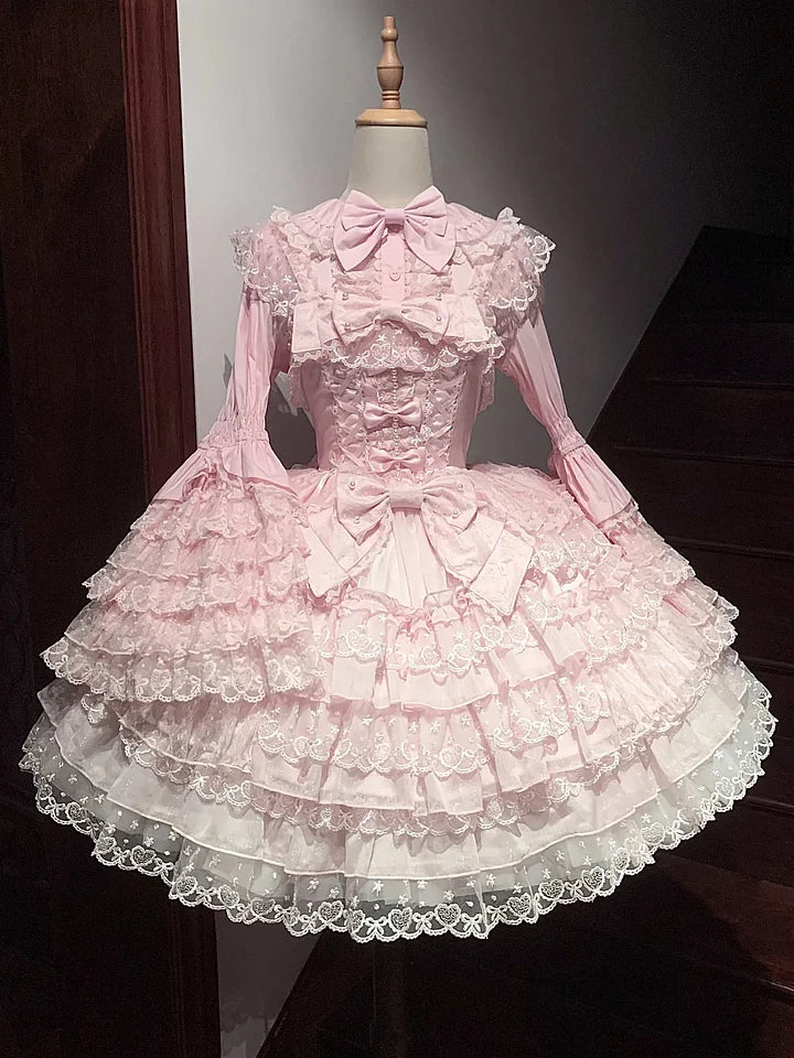 Hime Lolita Tea Party Fashion Pink Gorgeous Multilayer Lace Rococo Style Elegant Princess Dress JSK Blouse