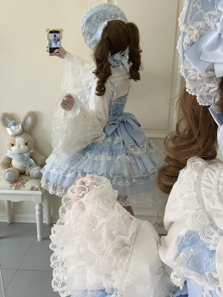 Hime Lolita Tea Party Fashion Pink Gorgeous Multilayer Lace Rococo Style Elegant Princess Dress JSK Blouse