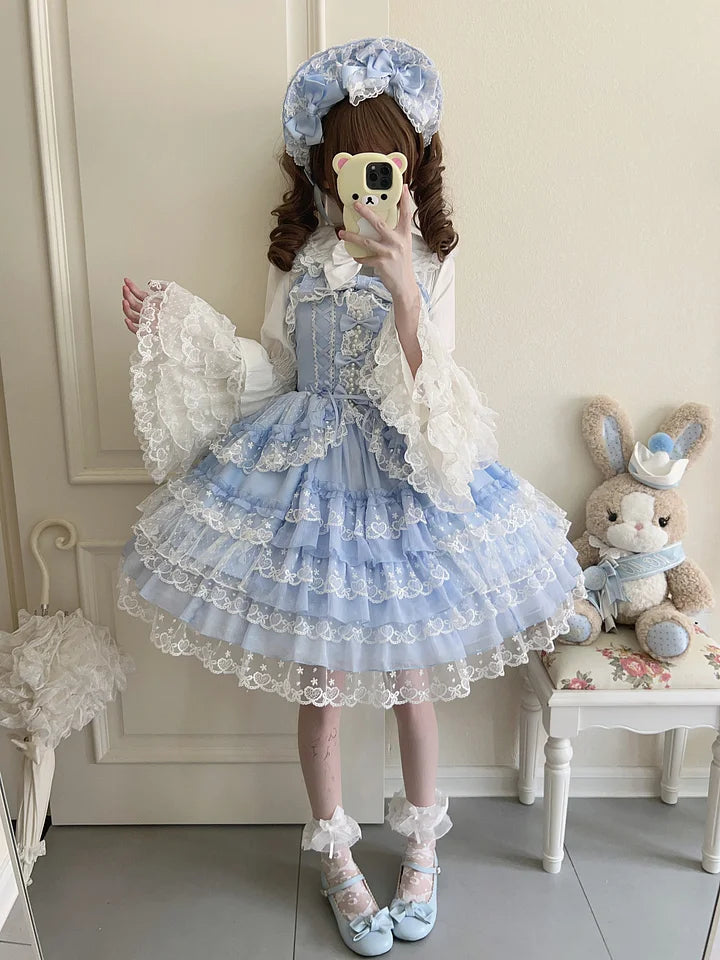 Hime Lolita Tea Party Fashion Pink Gorgeous Multilayer Lace Rococo Style Elegant Princess Dress JSK Blouse
