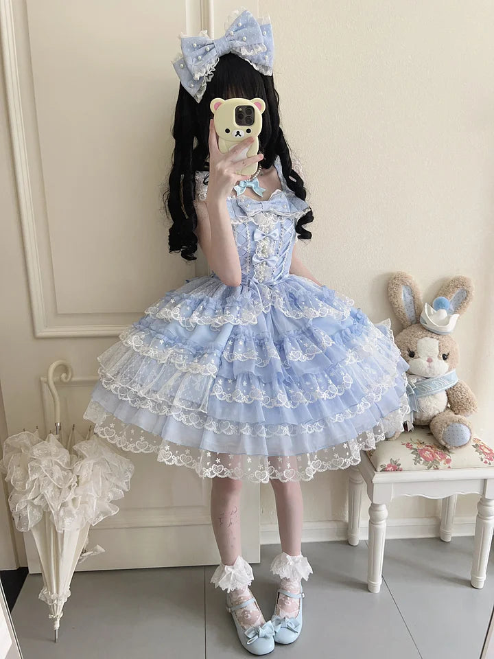 Hime Lolita Tea Party Fashion Pink Gorgeous Multilayer Lace Rococo Style Elegant Princess Dress JSK Blouse