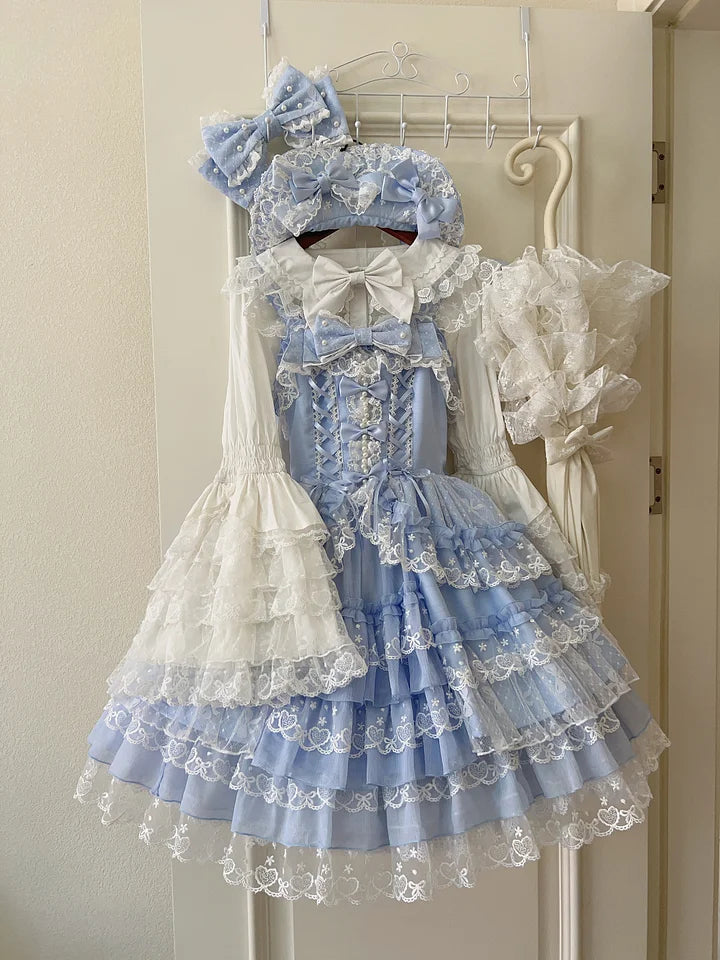 Hime Lolita Tea Party Fashion Pink Gorgeous Multilayer Lace Rococo Style Elegant Princess Dress JSK Blouse