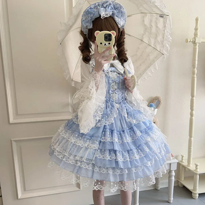 Hime Lolita Tea Party Fashion Pink Gorgeous Multilayer Lace Rococo Style Elegant Princess Dress JSK Blouse