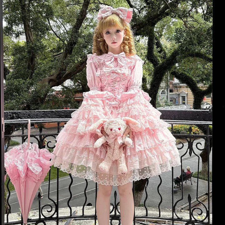 Hime Lolita Tea Party Fashion Pink Gorgeous Multilayer Lace Rococo Style Elegant Princess Dress JSK Blouse