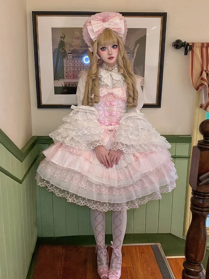 Hime Lolita Tea Party Fashion Pink Gorgeous Multilayer Lace Rococo Style Elegant Princess Dress JSK Blouse