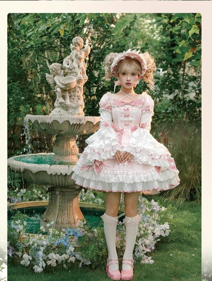 Tea Party Fashion Hime Lolita Sweetheart Pink Floral Gorgeous Long Sleeve Princess Dress Lolita